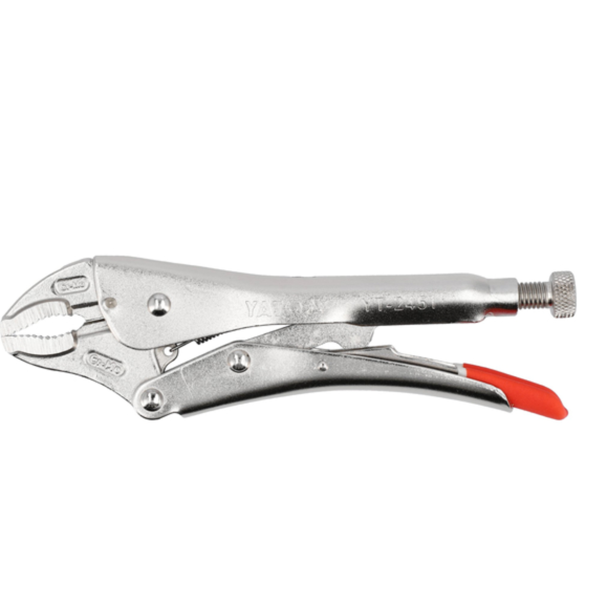 A silver metal locking plier with a bright red rubberized grip accent on the handle, shown against a plain white background.