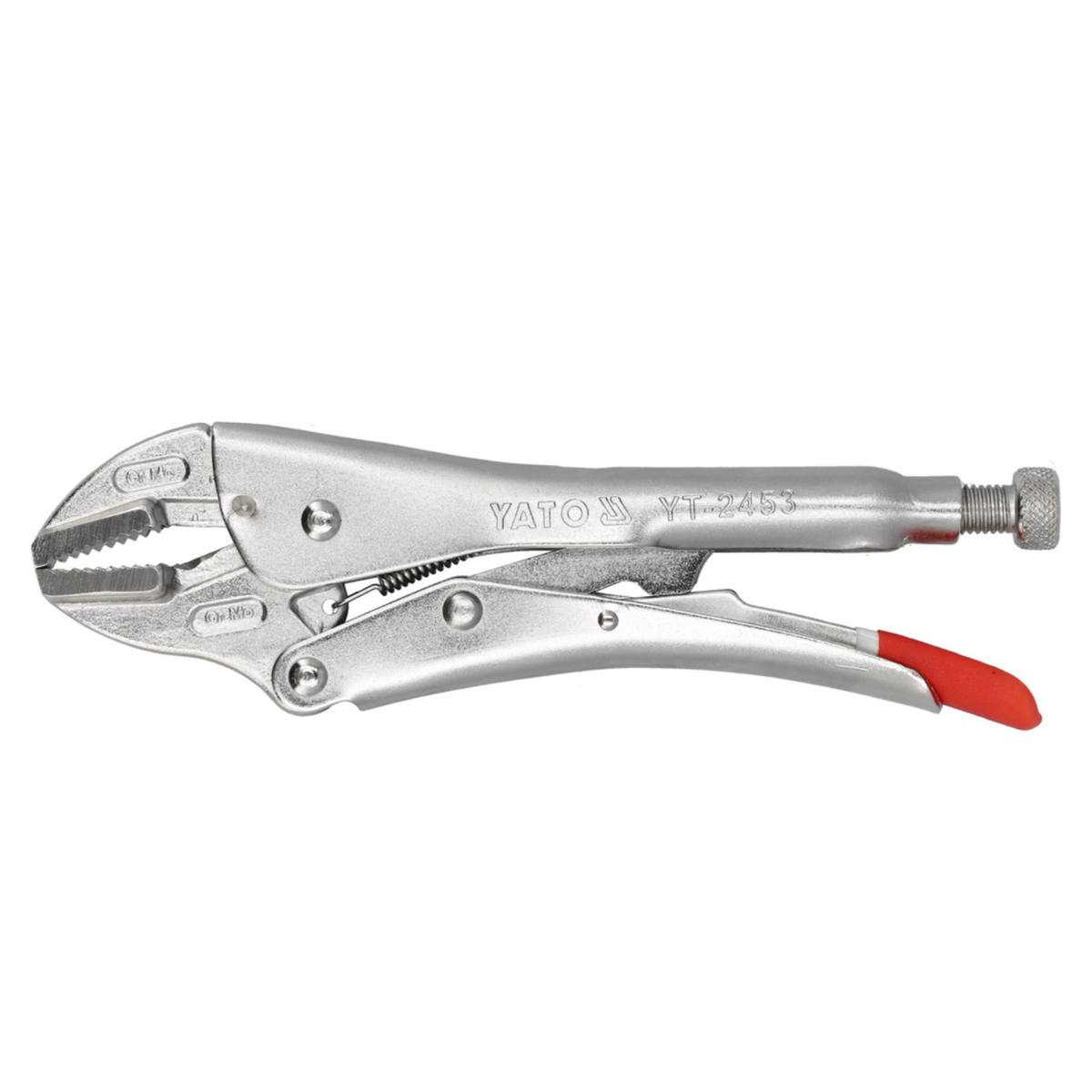 YATO VT-245 locking pliers with a silver metal body and a red rubberized grip on the handle, shown against a plain white background.