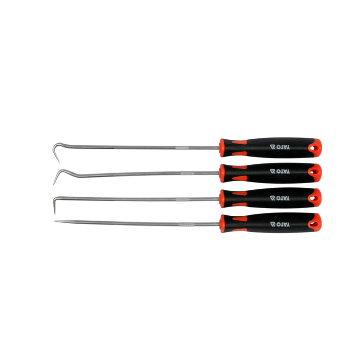 Set of five metal tools with black and red handles on a white background