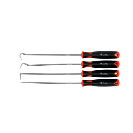 Set of five metal tools with black and red handles on a white background