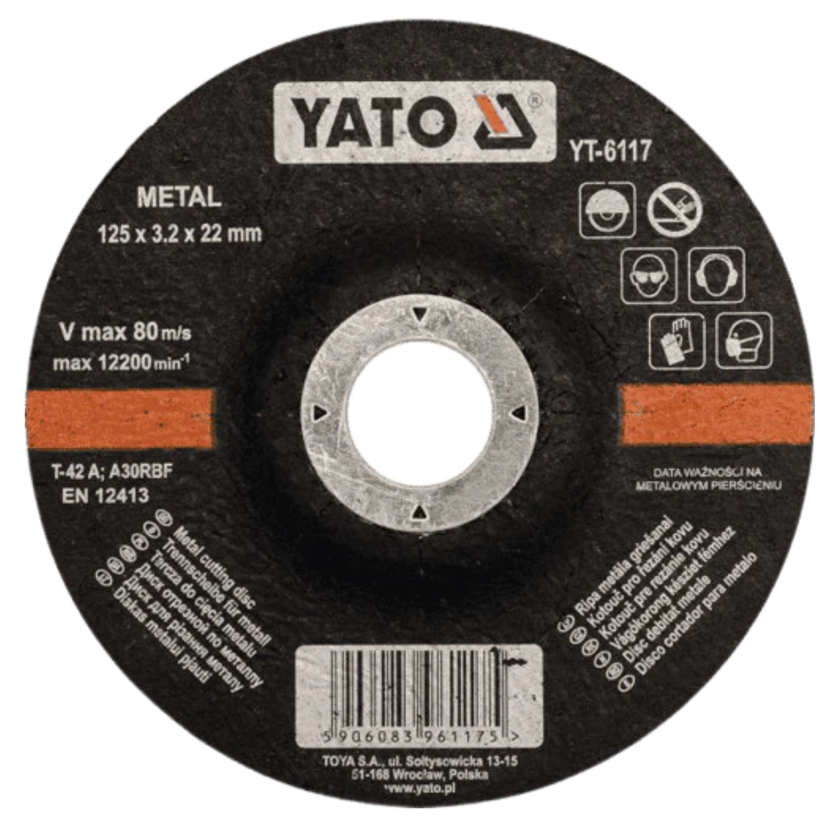 A circular YATO brand wet angle grinder disc for cutting metal, with a black abrasive body, silver central hub, orange accent bands, and white printed text and safety icons.