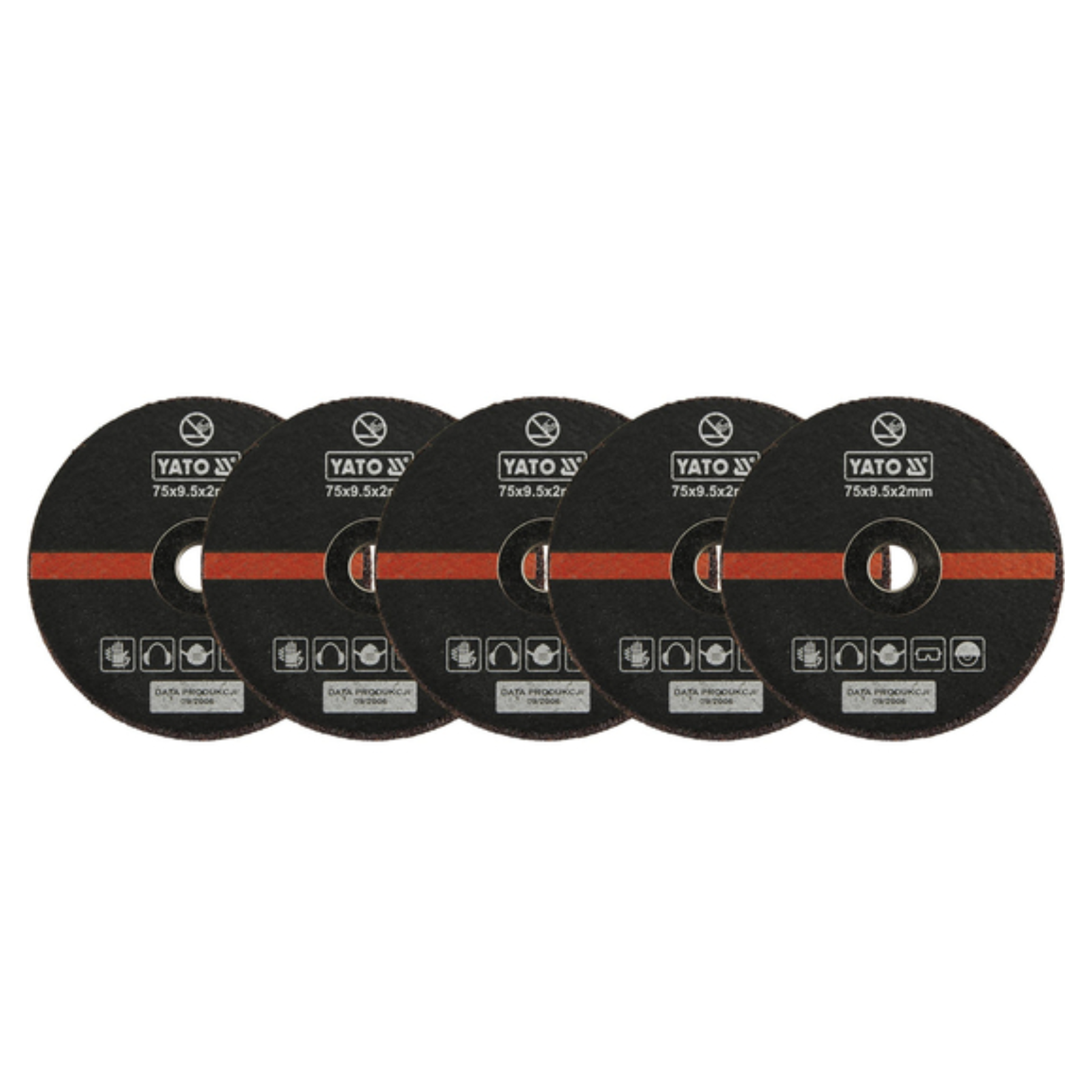 Five circular black TATO 3/8 inch tank saw blades arranged in a fan shape against a plain white background.