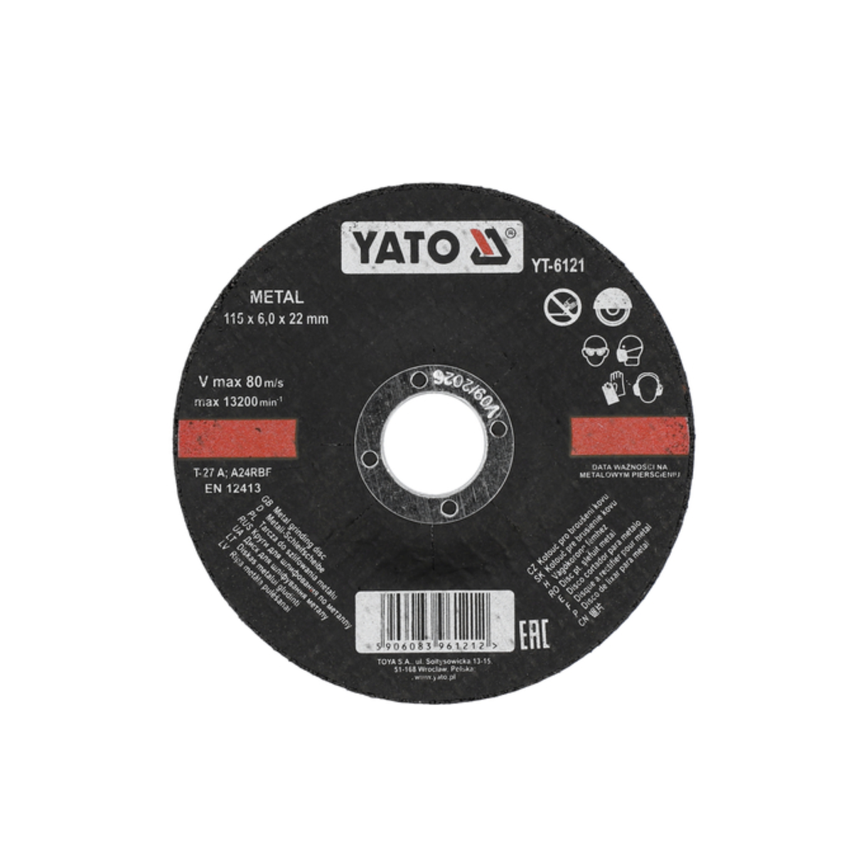 A circular black YATO brand metal cutting disc with a central hole, featuring white text, safety icons, and red accent bands on a plain white background.