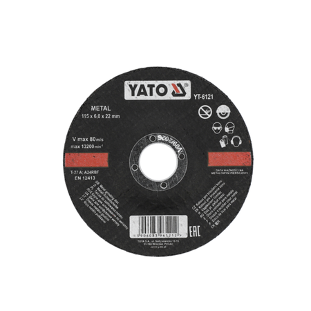 A circular black YATO brand metal cutting disc with a central hole, featuring white text, safety icons, and red accent bands on a plain white background.