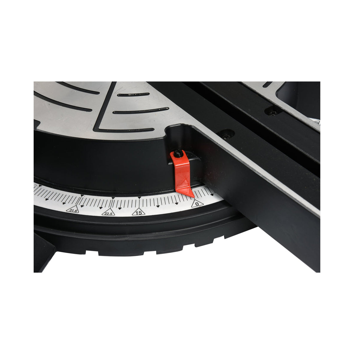 Close-up of a circular saw blade with a black guard and red lock lever on a white background