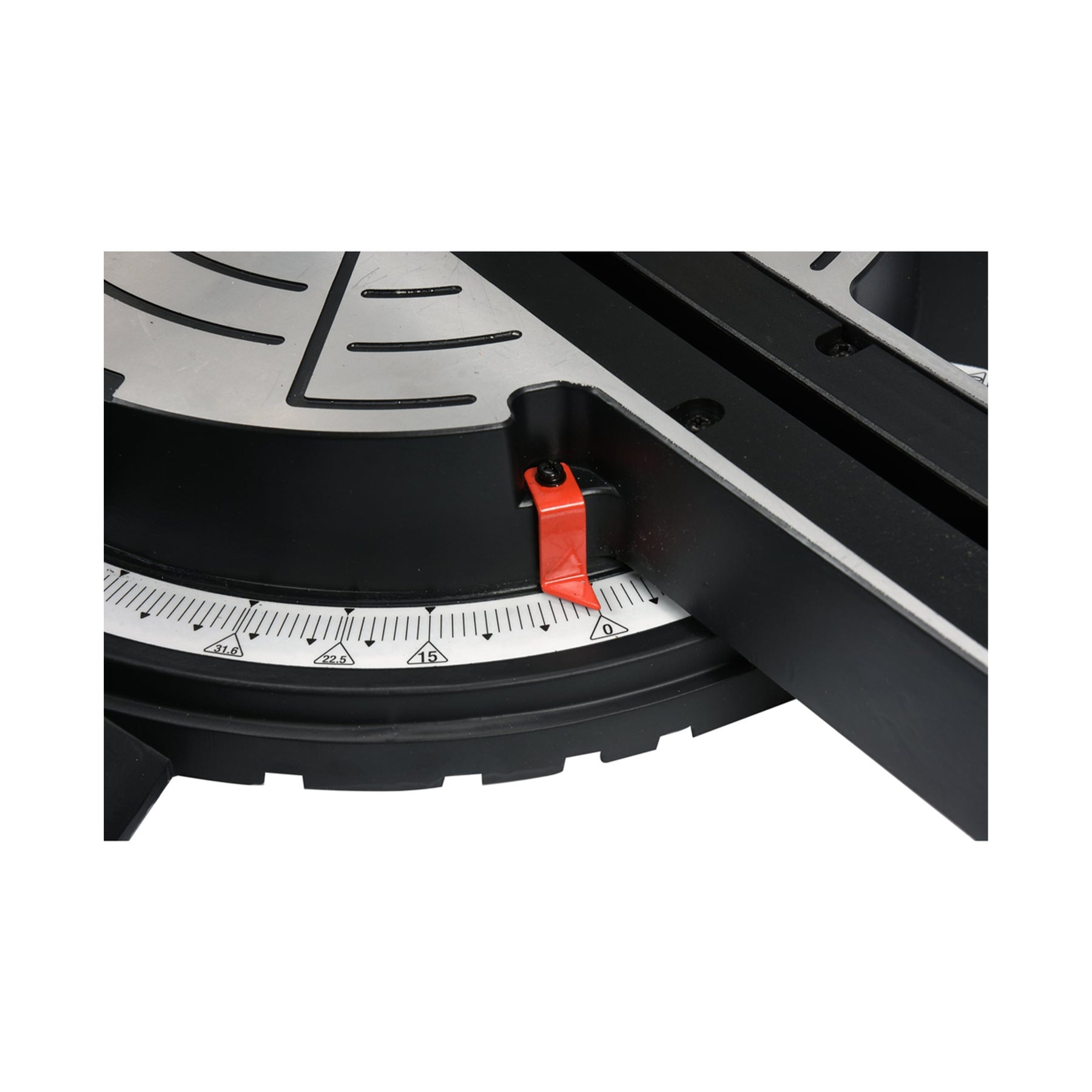 Close-up of a circular saw blade with a black guard and red lock lever on a white background