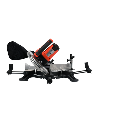 Sliding compound miter saw on a white background