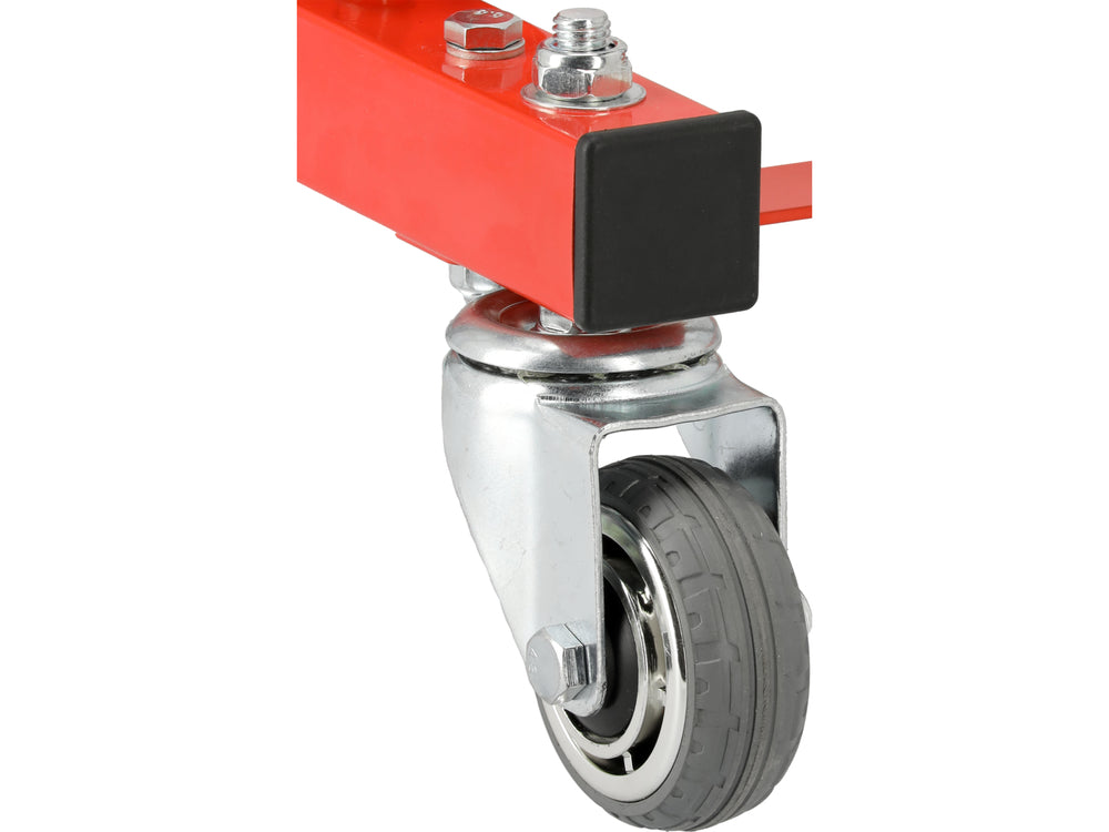 Caster wheel with red brake lever on a white background