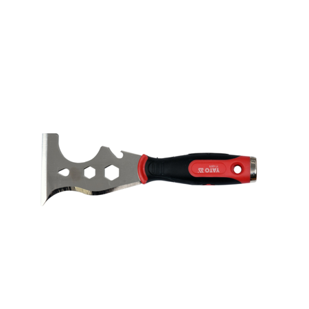 Scraper tool with red handle and silver blade on a white background