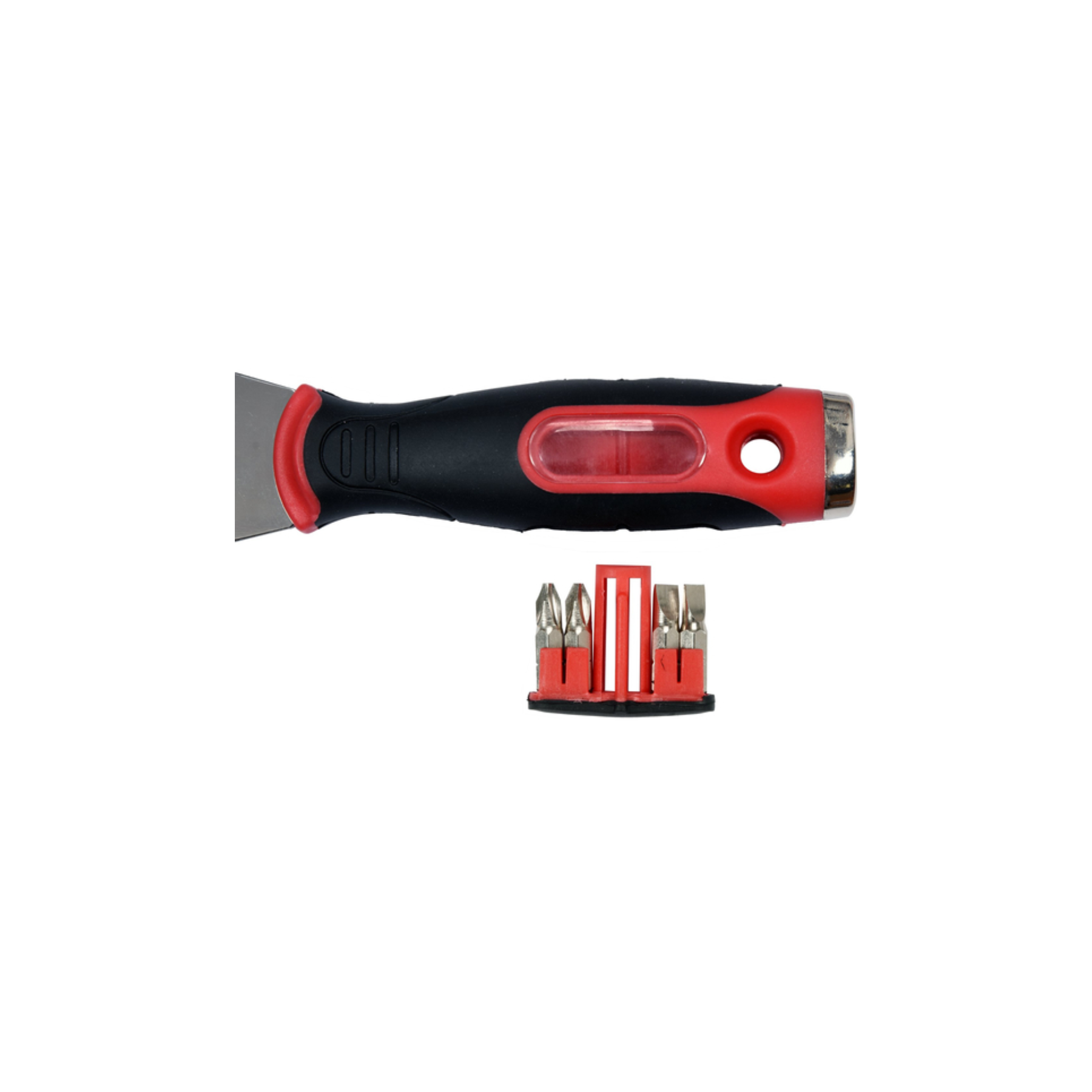 Black and red tool with additional bits on a white background