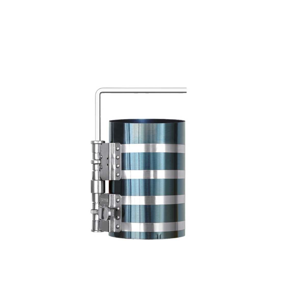 Metallic cylindrical object with a handle on a white background