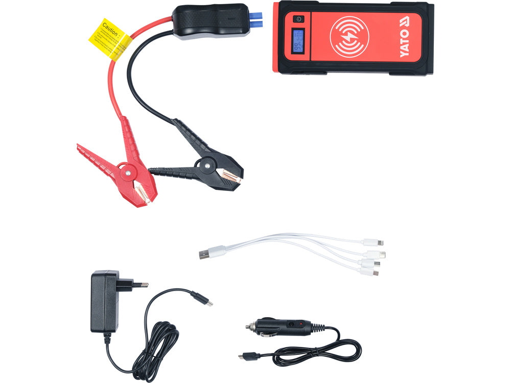 Car jump starter kit with cables and connectors on a white background