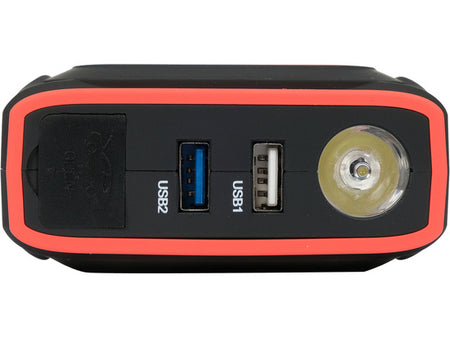 Black and red power bank with USB ports on a white background