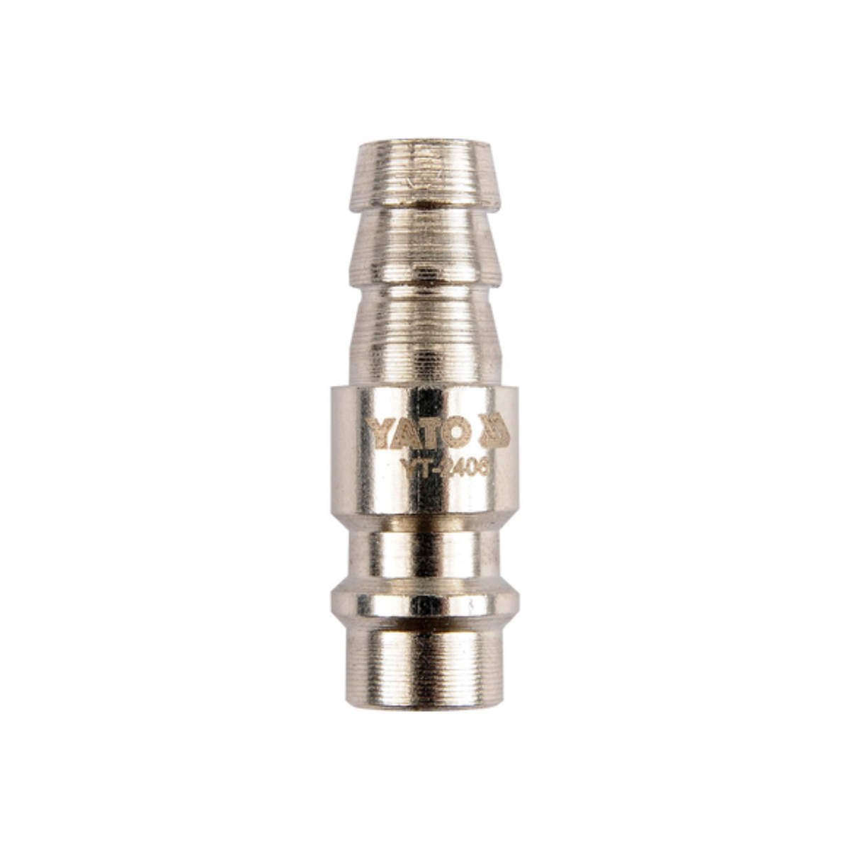 A metallic YATO YT-208 hose connector on a plain white background.