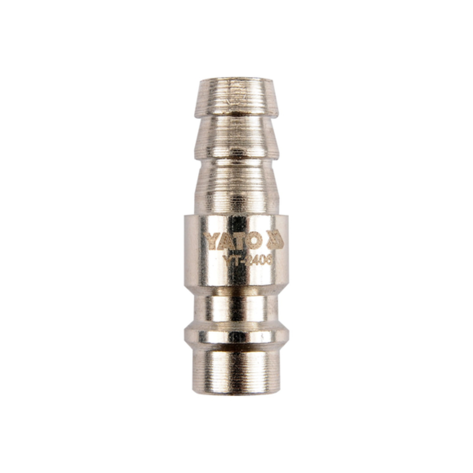 A metallic YATO YT-208 hose connector on a plain white background.