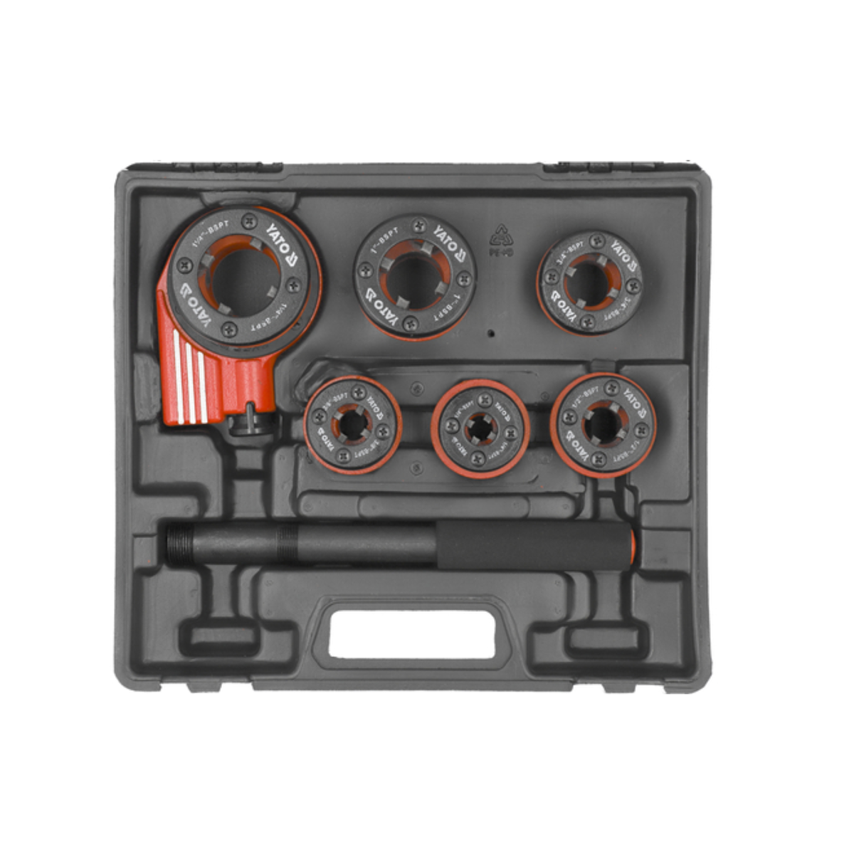A 7-piece NIKKO wire brush tool kit in a black plastic carrying case, featuring a black and orange wire brush, three black and orange rotary tools, and three smaller rotary tools.