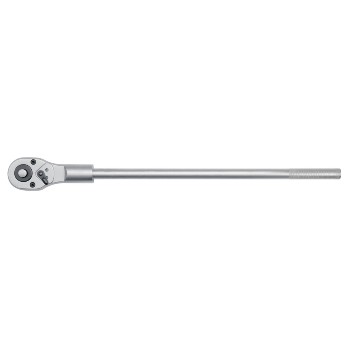 A silver metal socket wrench with a long shaft and ratchet head, shown horizontally against a plain white background.