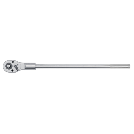 A silver metal socket wrench with a long shaft and ratchet head, shown horizontally against a plain white background.