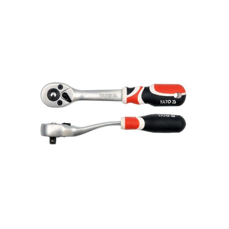 Two YATO 3/8-inch ratchet wrenches with silver metal heads and ergonomic handles in red, black, and white, displayed horizontally on a plain white background.