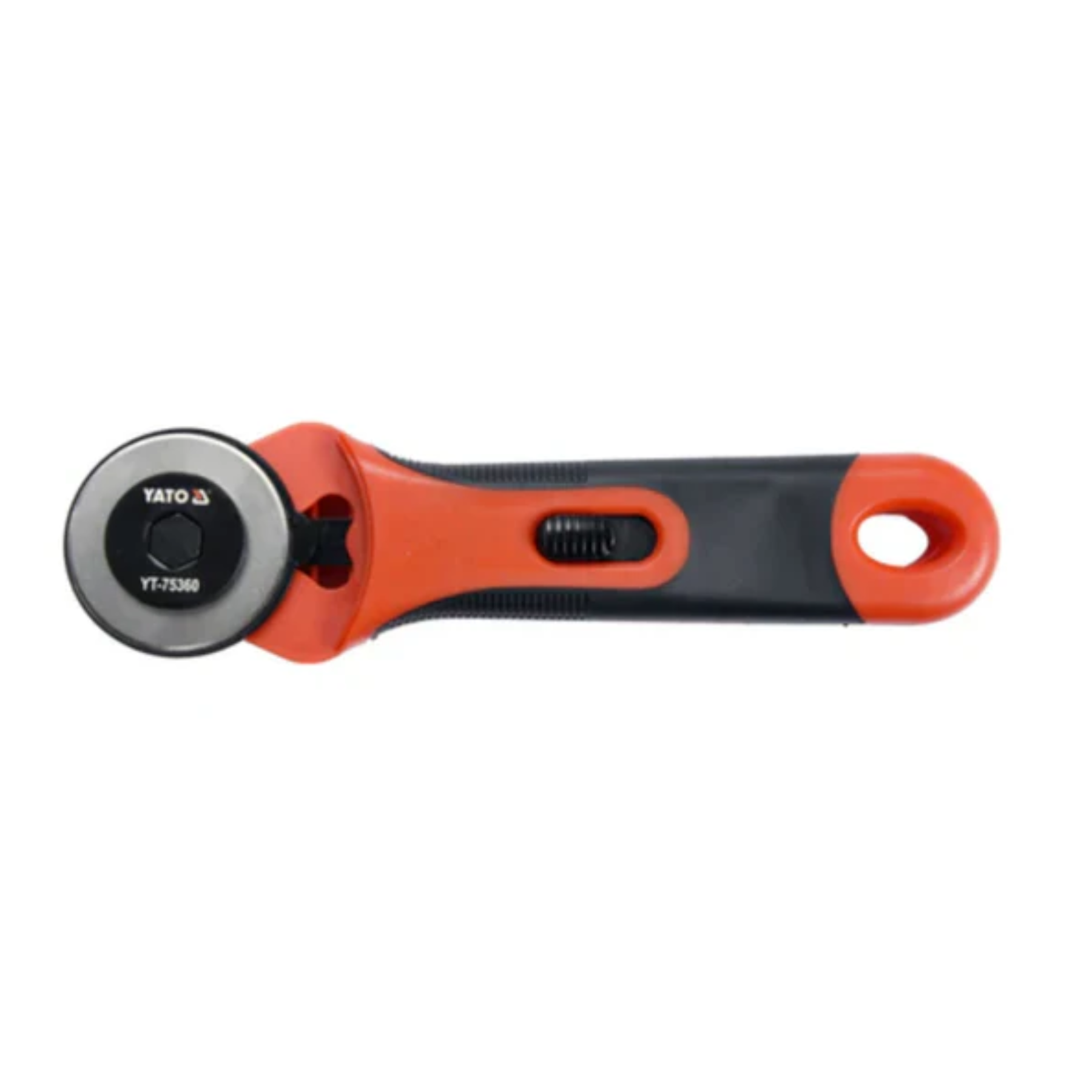 Rotary cutter with black and orange handle on a white background