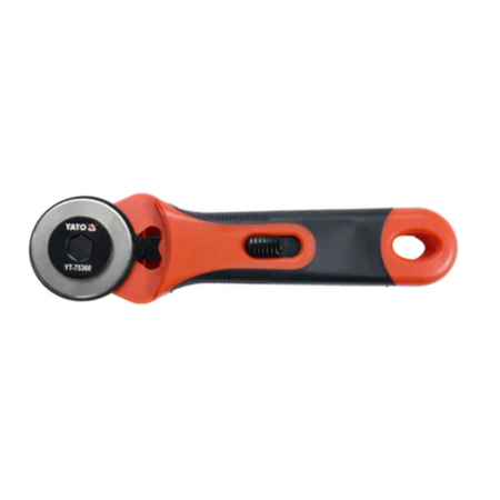Rotary cutter with black and orange handle on a white background