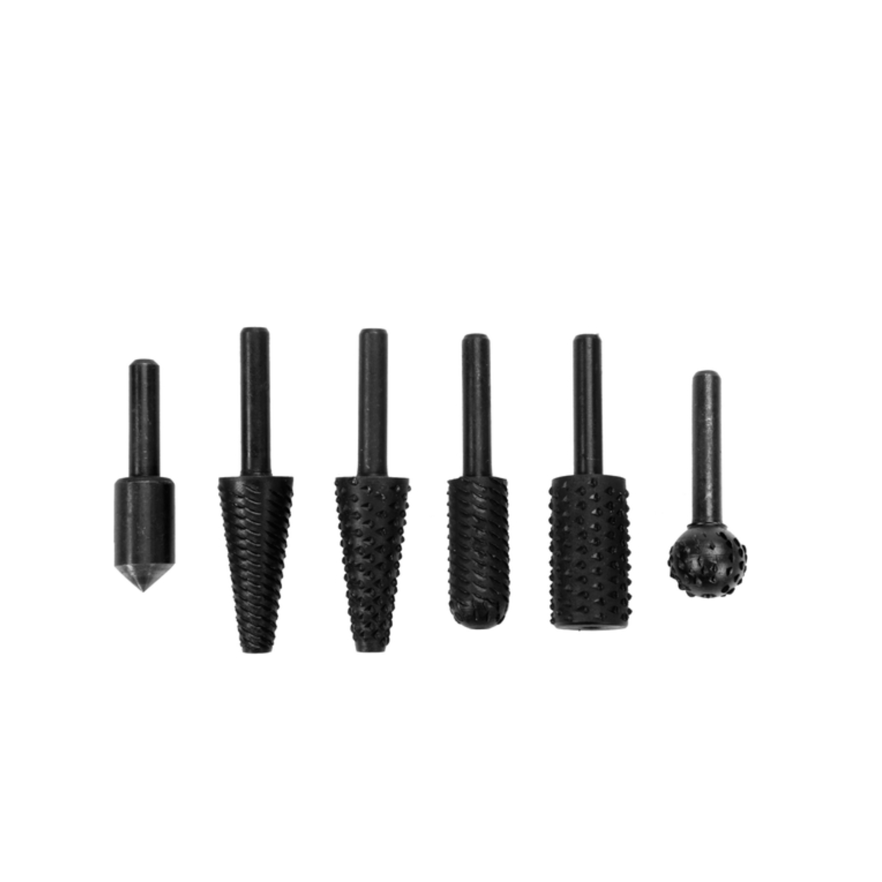 Set of black rotary burrs on a white background