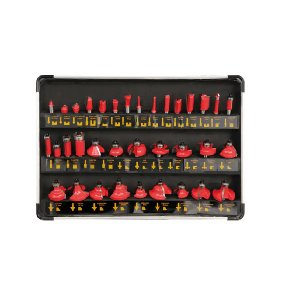 Set of red drill bits in a black holder on a white background