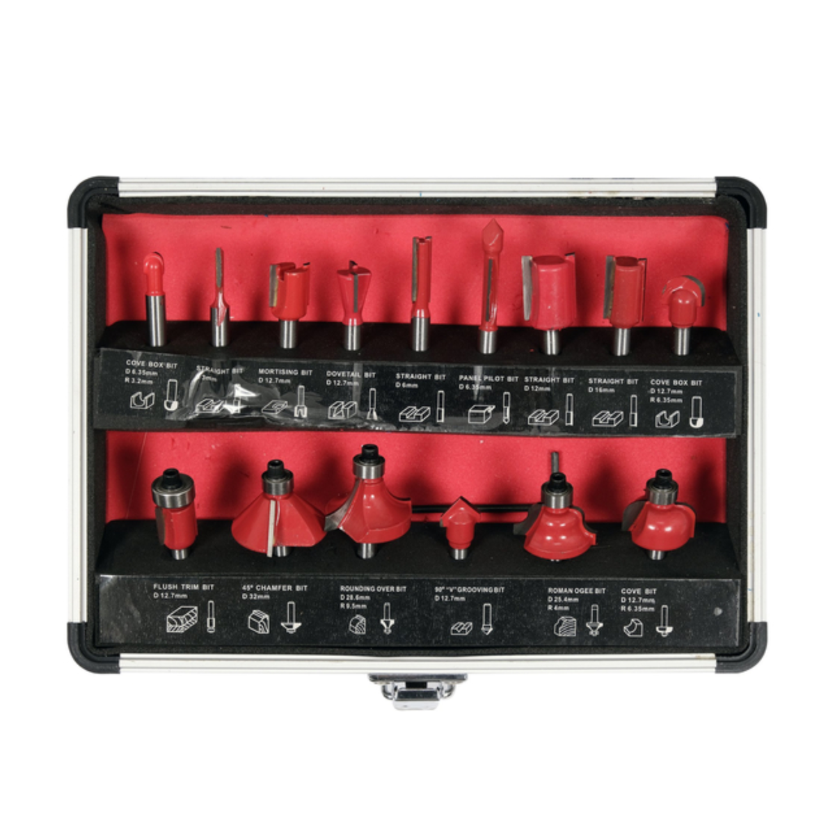 Set of router bits in a red and black case on a white background