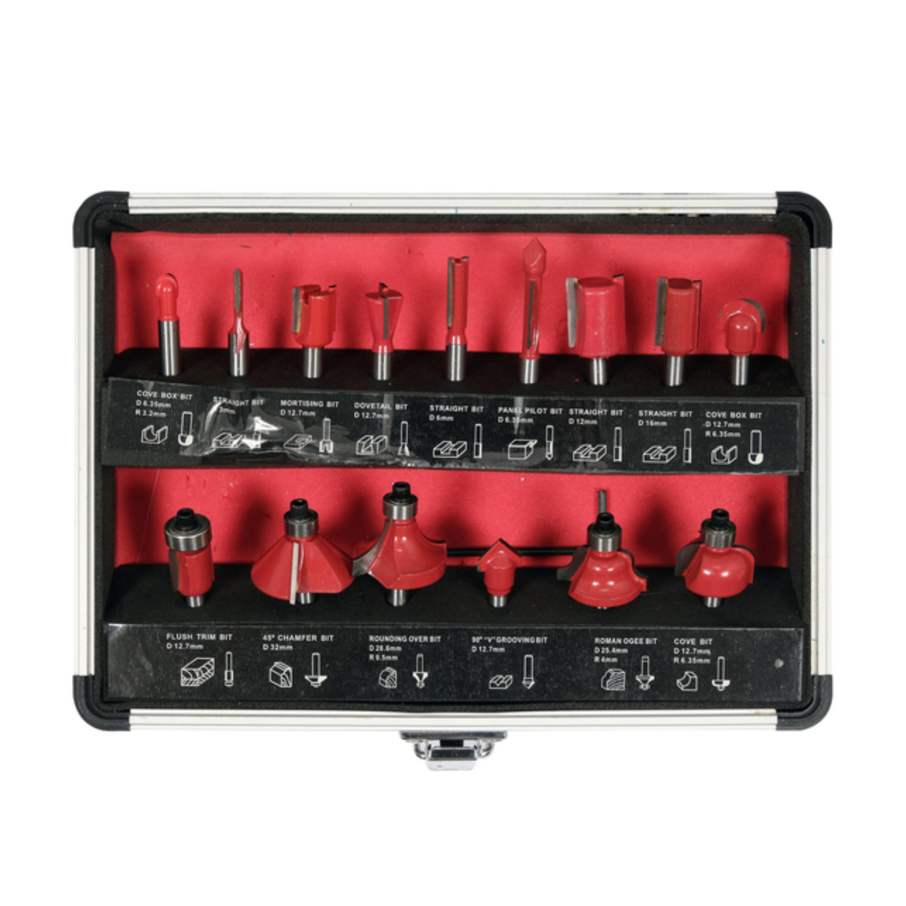 Set of router bits in a red and black case on a white background