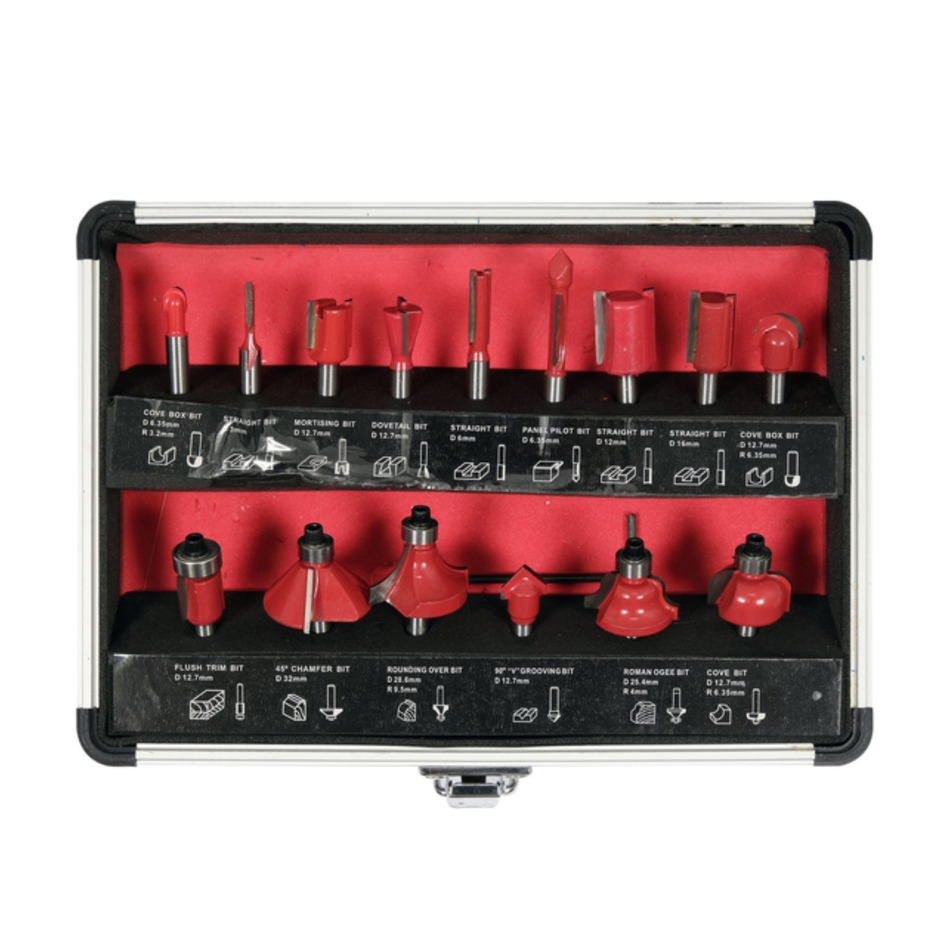 Set of router bits in a red and black case on a white background
