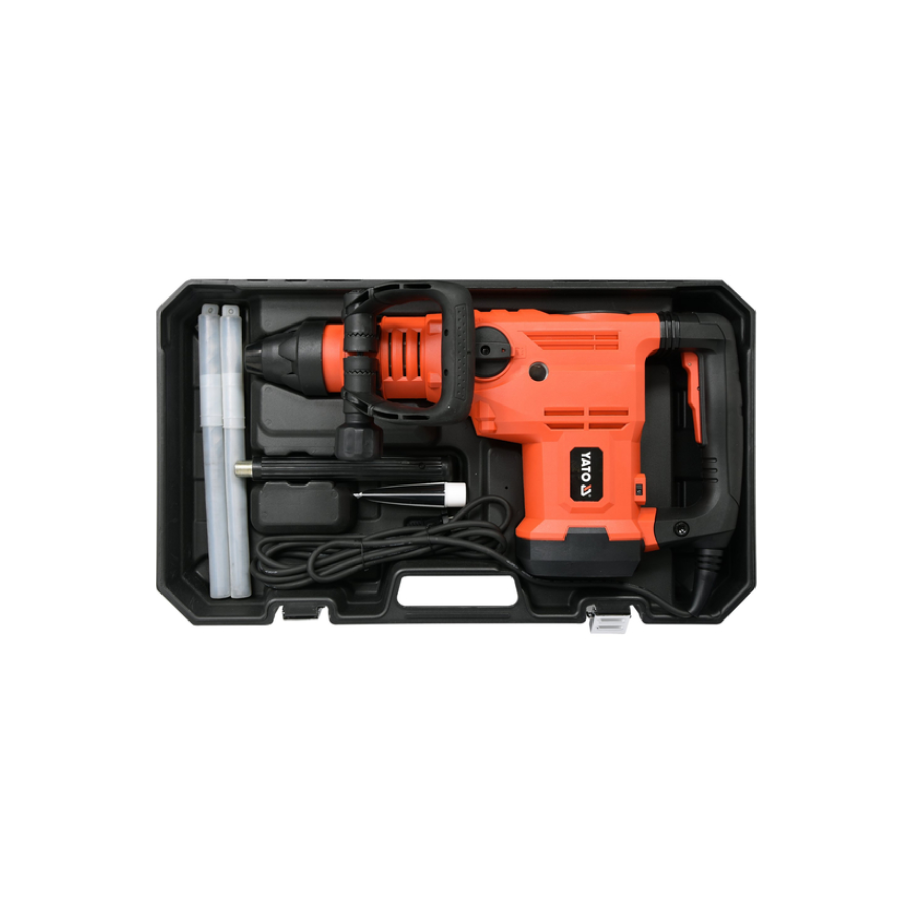 Orange drill with accessories in a black case on a white background