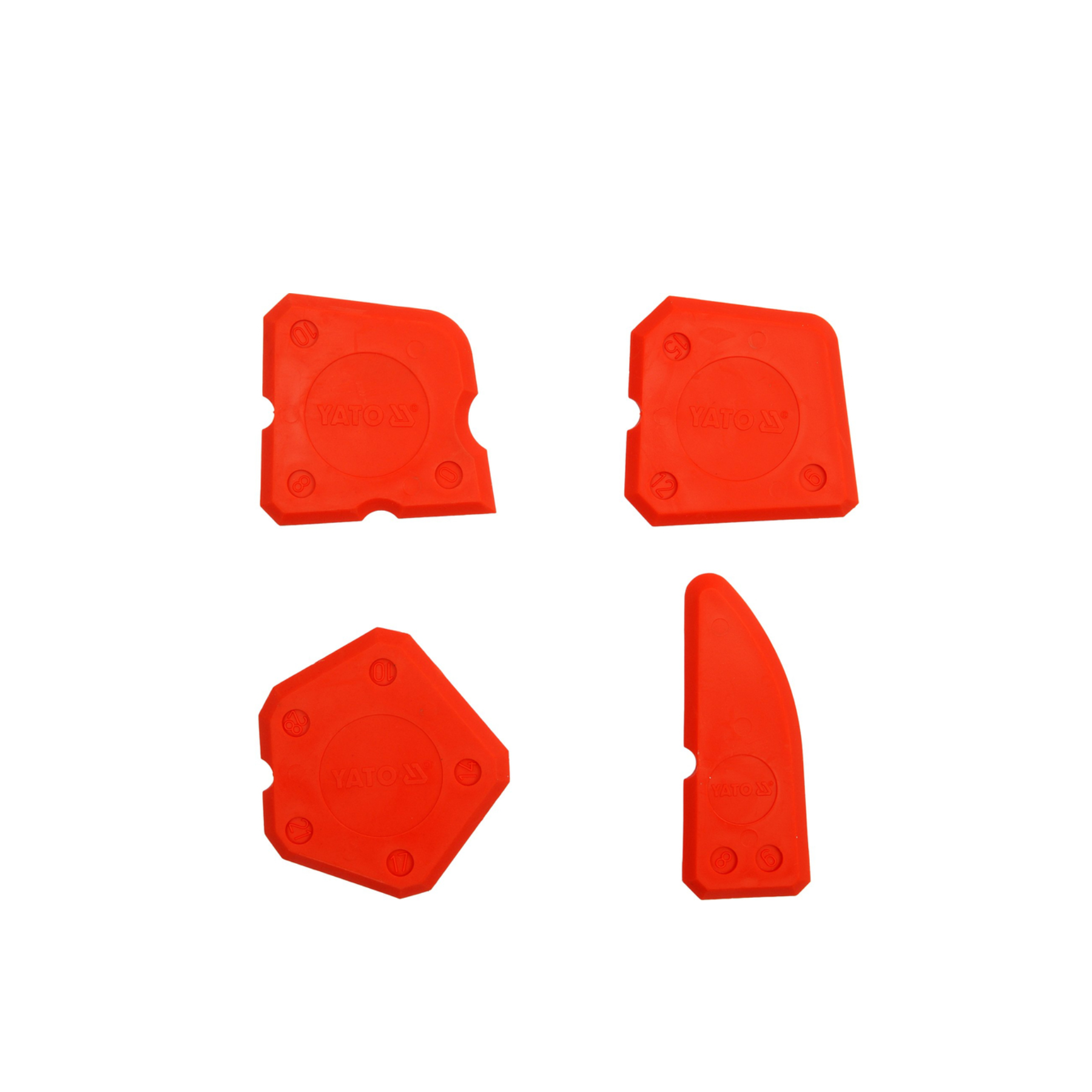 Four red rubber stamps on a white background