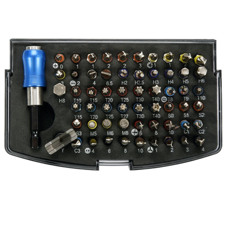 Set of screwdrivers and bits in a black case on a white background