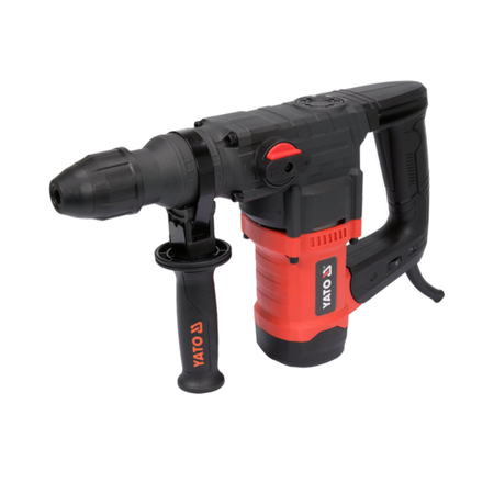Black and red rotary hammer drill on a white background