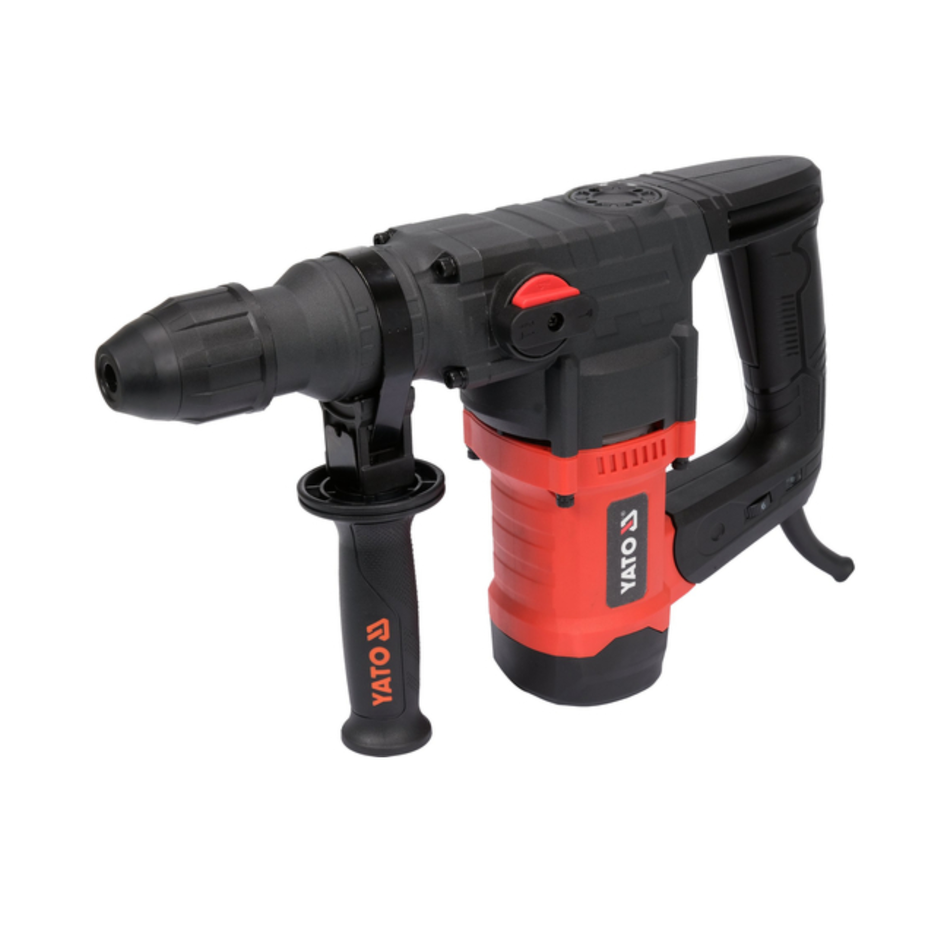 Black and red rotary hammer drill on a white background