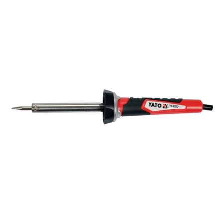 YATO soldering iron with a red and black handle, a silver metal rod, and a black tip, shown against a plain white background.