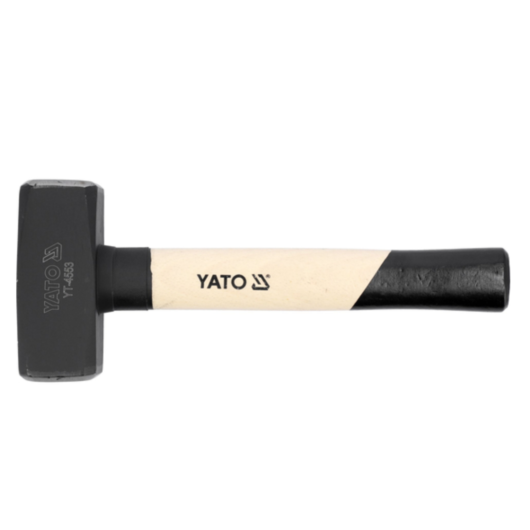 A Yato brand black and beige wooden-handled sledge hammer on a solid white background.