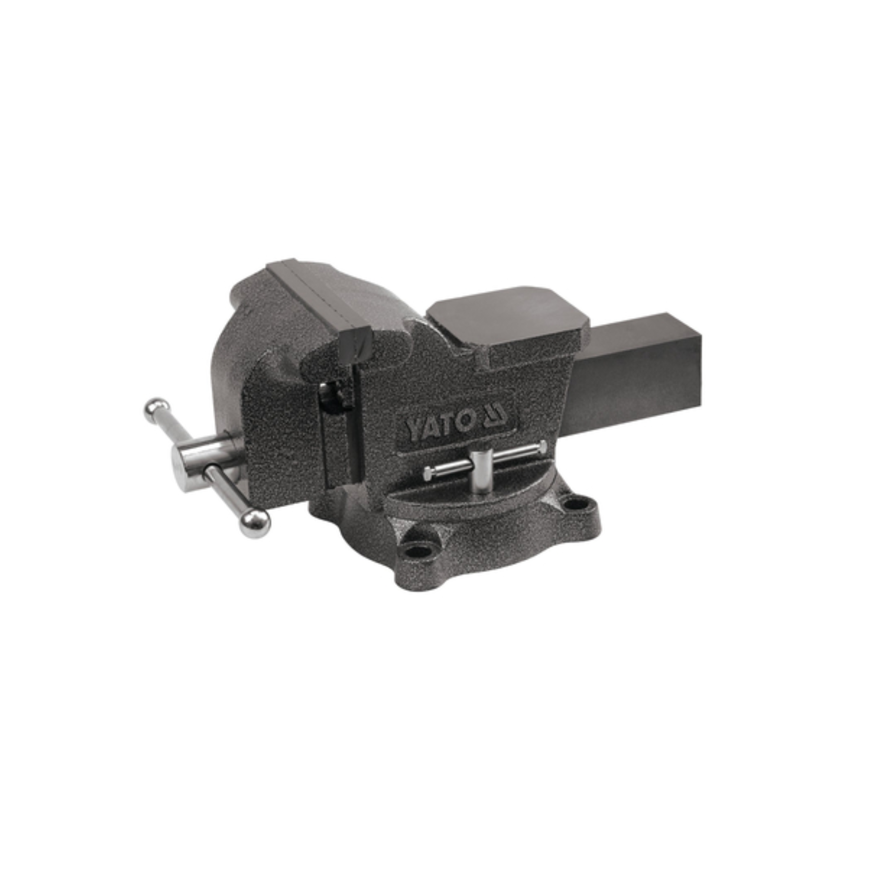 A YATO brand cast iron bench vise with a silver adjustment handle, shown on a plain white background.