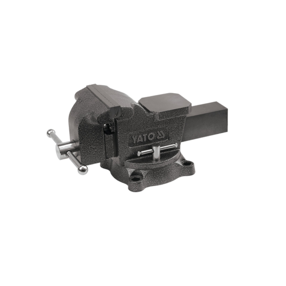 A YATO brand cast iron bench vise with a silver adjustment handle, shown on a plain white background.