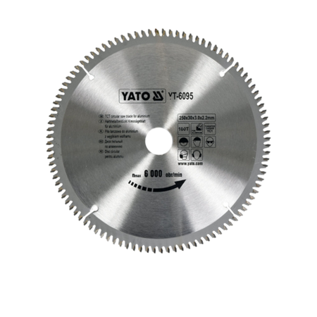 A circular metal circular saw blade with teeth around the edge, featuring black printed text and symbols including the brand name YATO and model YT-6095, shown on a plain white background.