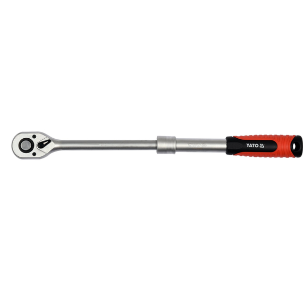 A YATO torque wrench with a silver metal shaft and head, featuring a red and black textured handle grip on the right side.
