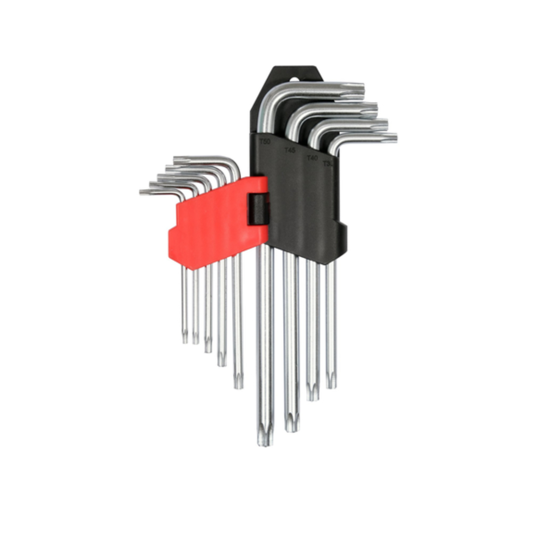A 10-piece hex key wrench set with silver metal keys, a black plastic holder, and a red plastic key sheath, shown on a plain white background.