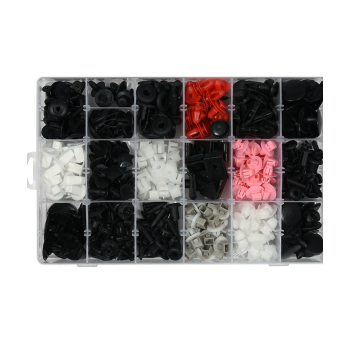 Assorted plastic fasteners in a clear organizer box on a white background