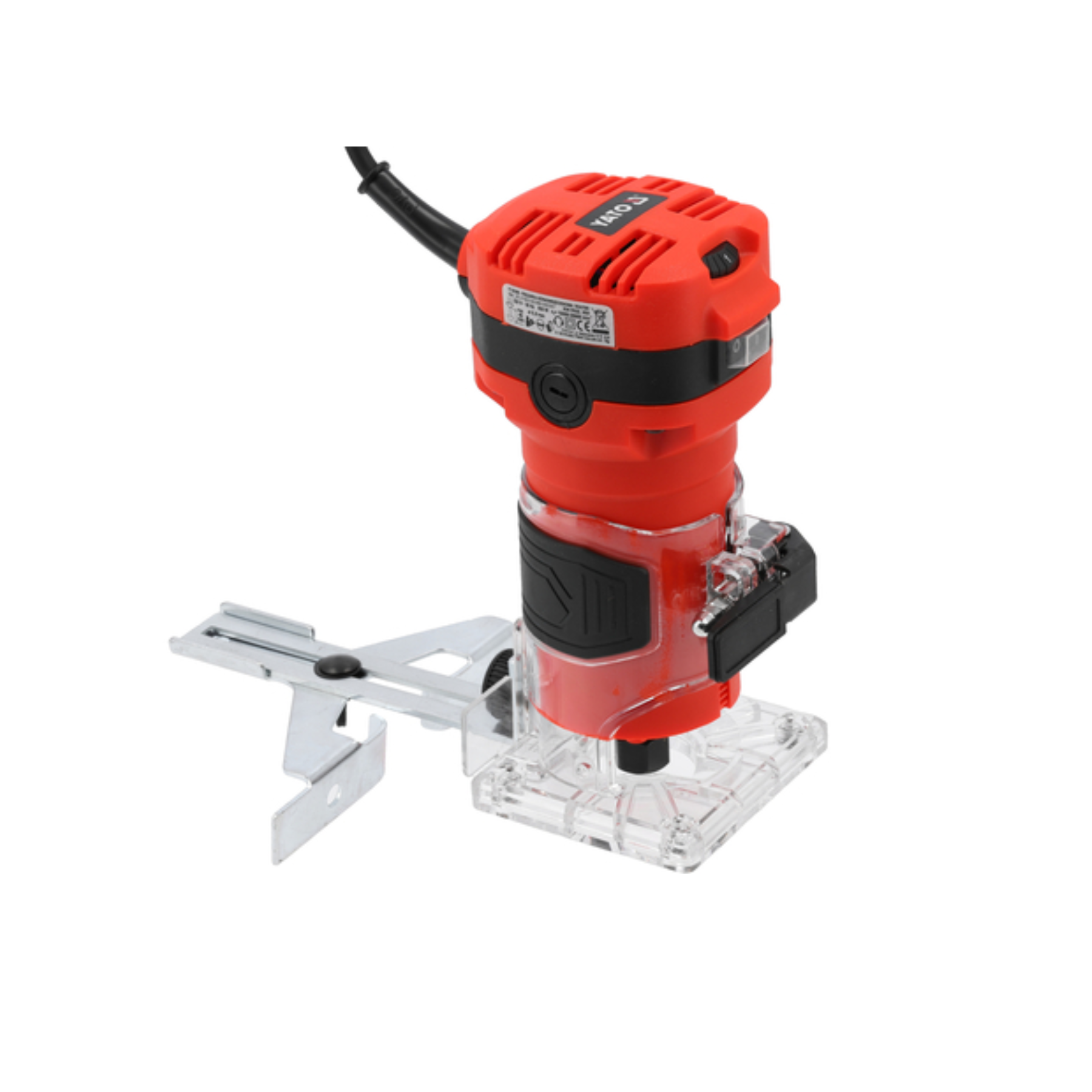 Red power tool with clear base on a white background