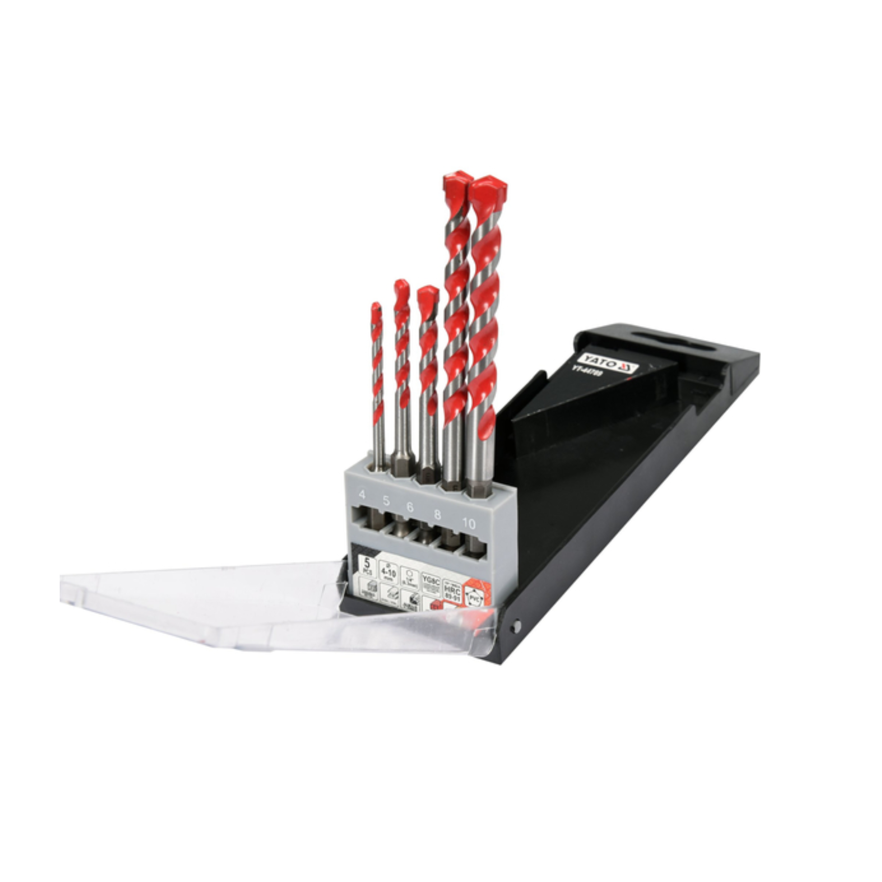 Set of drill bits in a holder on a white background