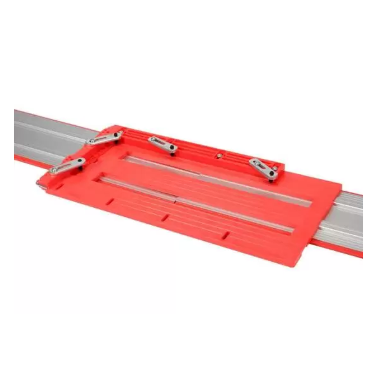 Red and silver metal ruler on a white background