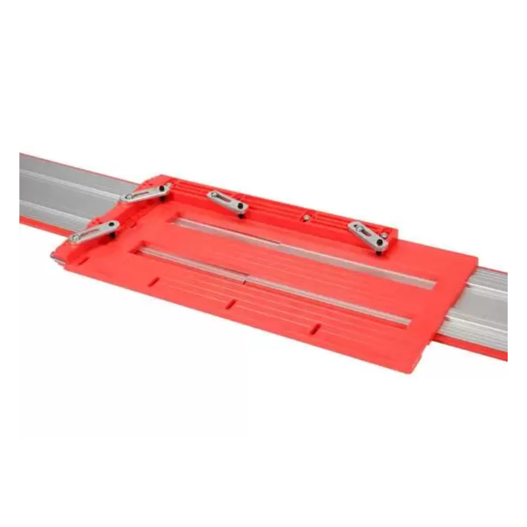 Red and silver metal ruler on a white background