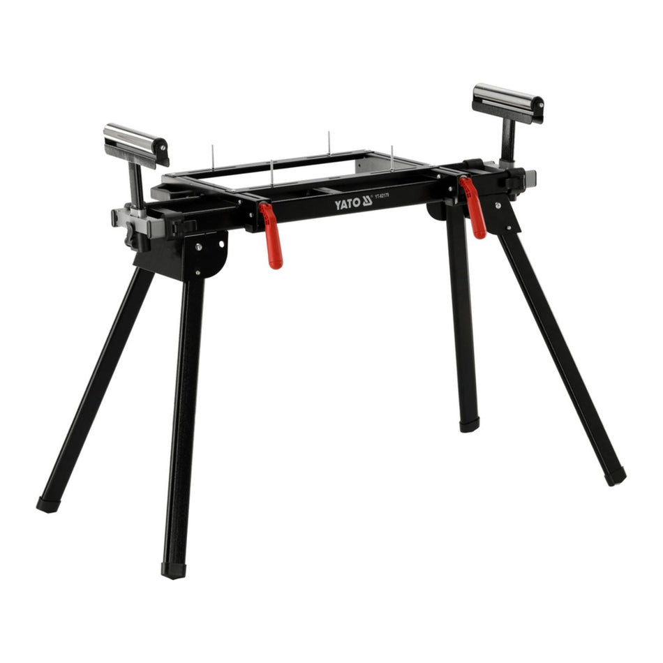 Black workbench with red clamps on a white background