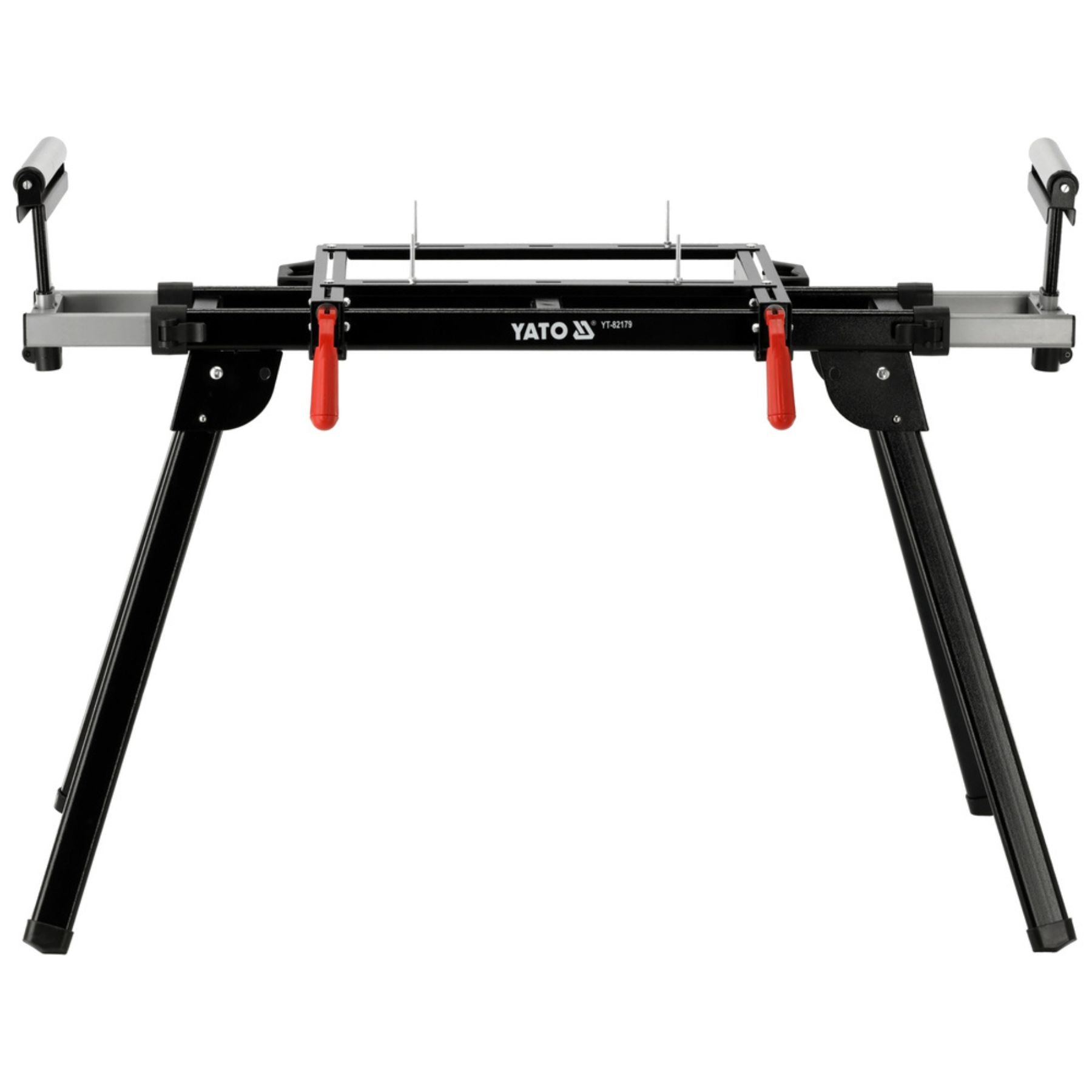 Black metal workbench with red clamps on a white background, featuring YATO branding.