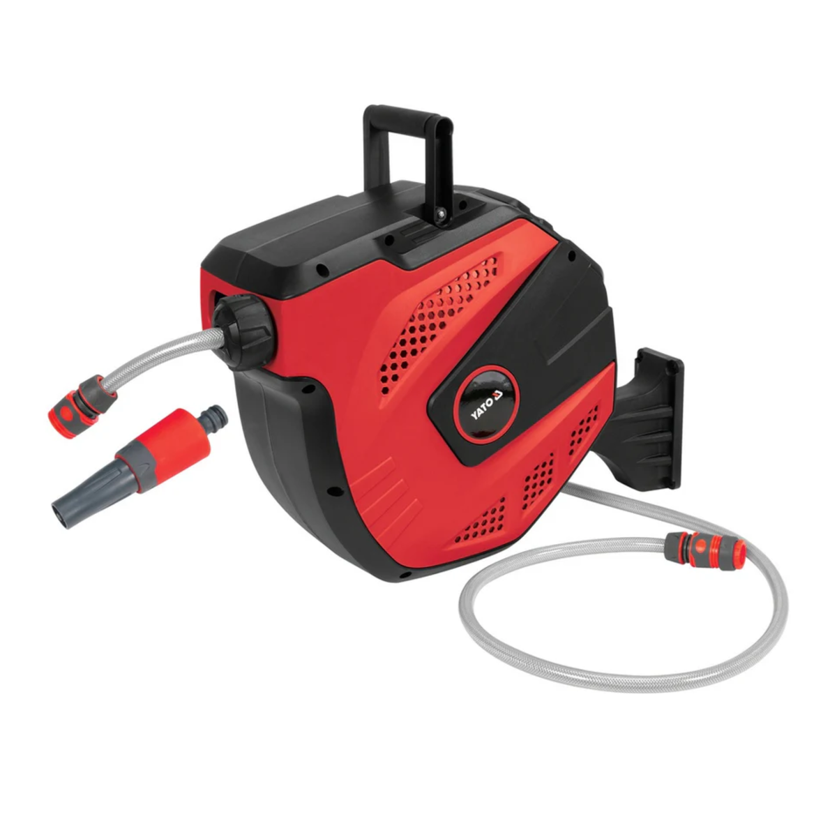 Red and black hose reel with attached hoses on a white background